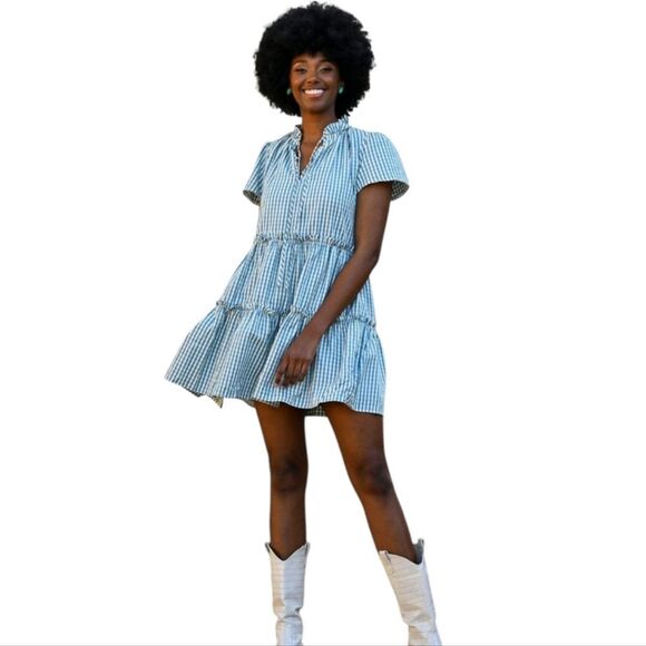 wyatt wylde Dresses & Skirts - WYATT WYLDE Chime blue gingham plaid tiered ruffle kawaii swing‎ dress L